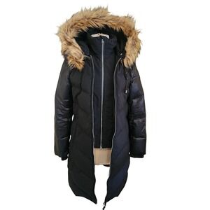 ATELIER NOIR Black Puffer Coat Fur Hood Down Blend Winter Warm Parka Jacket S